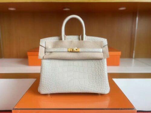 H Factory Bags Birkin matte alligator crocodile 8L Ice White Gold Hardware 25cm Full Handmade