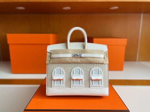 H Factory Bags Birkin little house Togo & crocodile White Silver Hardware 20cm Full Handmade