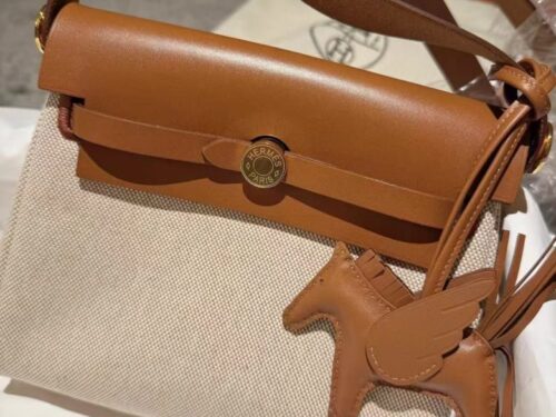 H Factory Bags Mini herbag Canvas & Swift Rice White & Brown Gold Hardware 20cm Full Handmade
