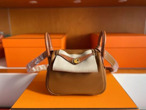 H Factory Bags Mini Lindy Touch Swift & Crocodile Leather Golden Brown Gold Hardware 20cm Full Handmade