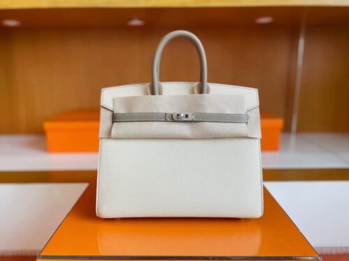 H Factory Bags Birkin Epsom Cream White & M8 Grey Silver Hardware 25cm Full Handmade