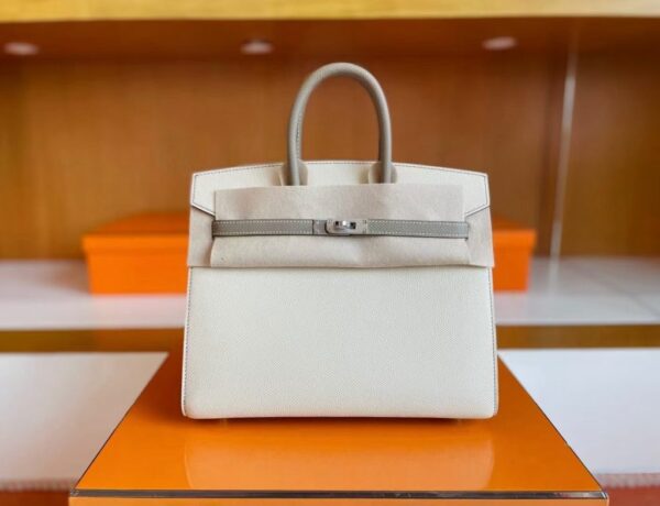 H Factory Bags Birkin Epsom Cream White & M8 Grey Silver Hardware 25cm Full Handmade