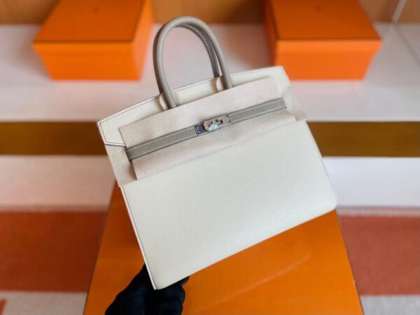 H Factory Bags Birkin Epsom Cream White & M8 Grey Silver Hardware 25cm Full Handmade