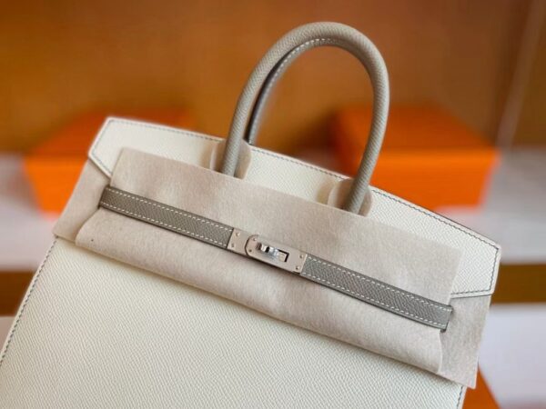 H Factory Bags Birkin Epsom Cream White & M8 Grey Silver Hardware 25cm Full Handmade