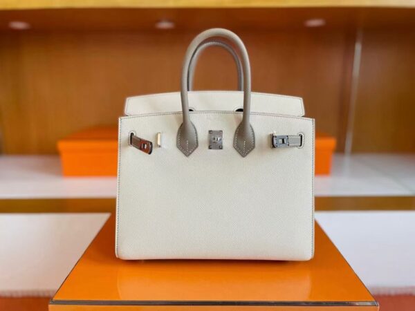 H Factory Bags Birkin Epsom Cream White & M8 Grey Silver Hardware 25cm Full Handmade