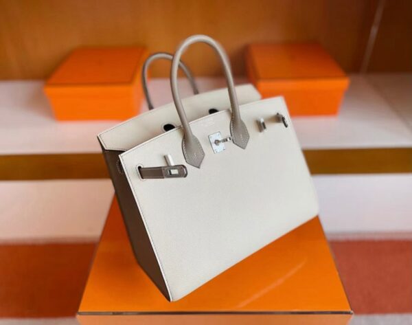 H Factory Bags Birkin Epsom Cream White & M8 Grey Silver Hardware 25cm Full Handmade