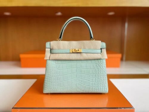 H Factory Bags Kelly Matte Alligator Crocodile 6u Mint green Gold Hardware 25cm Full Handmade