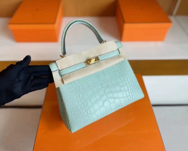 mmexport1739437370189-1024x824-1 H Factory Bags Kelly Matte Alligator Crocodile 6u Mint green Gold Hardware 25cm Full Handmade