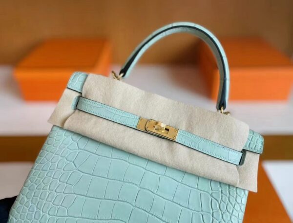 mmexport1739437371716-1024x781-1 H Factory Bags Kelly Matte Alligator Crocodile 6u Mint green Gold Hardware 25cm Full Handmade