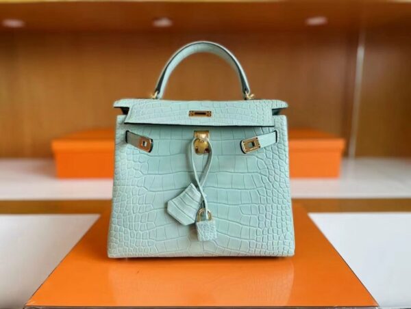 mmexport1739437373284-1024x772-1 H Factory Bags Kelly Matte Alligator Crocodile 6u Mint green Gold Hardware 25cm Full Handmade