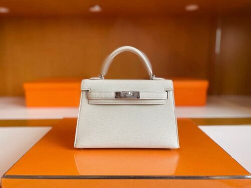 H Factory Bags Mini Kelly Chever Leather Mushroom White Silver Hardware 19cm Full Handmade