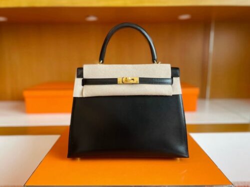 H Factory Bags Kelly Shiny Box Leather Black Gold Hardware 25cm Full Handmade