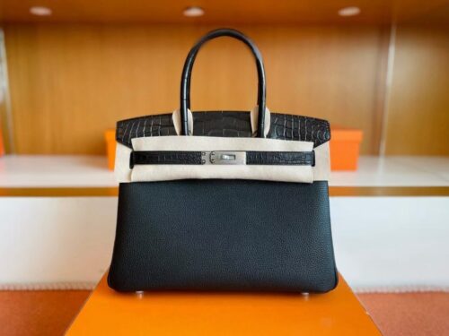 H Factory Bags Birkin Touch Togo & Niloticus Crocodile Black Silver Hardware 30cm Full Handmade
