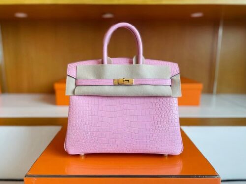 H Factory Bags Birkin Matte Alligator Crocodile 5P cherry pink Gold Hardware 25cm Full Handmade