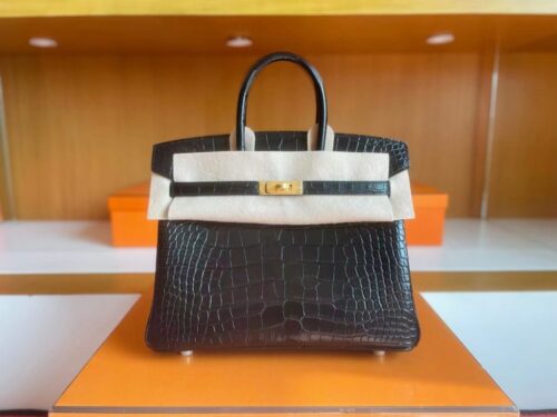 H Factory Bags Birkin Matte Alligator Crocodile Black Gold Hardware 25cm Full Handmade
