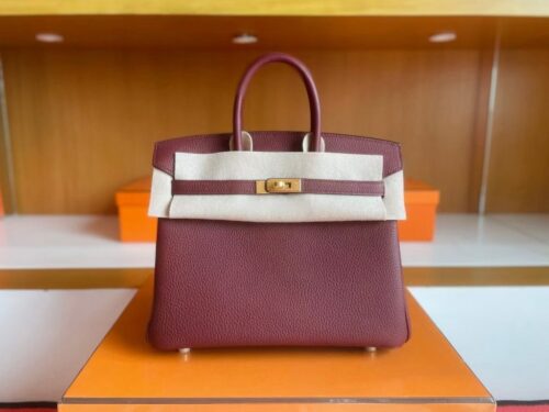H Factory Bags Birkin Togo Leather brownish red Gold Hardware 25cm Full Handmade