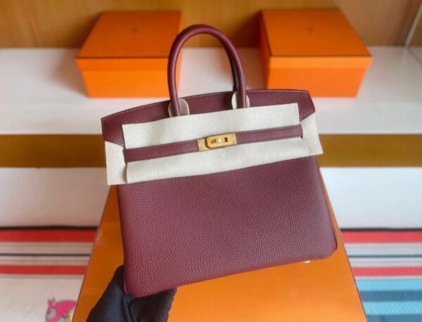 H Factory Bags Birkin Togo Leather brownish red Gold Hardware 25cm Full Handmade