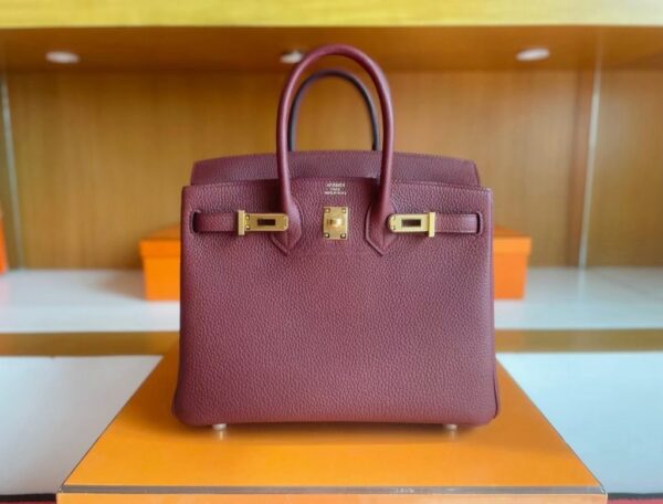 H Factory Bags Birkin Togo Leather brownish red Gold Hardware 25cm Full Handmade