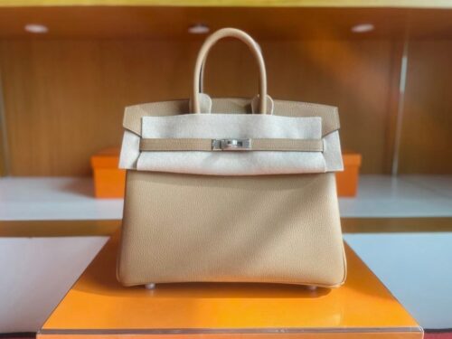 H Factory Bags Birkin Togo Leather tea khaki Silver Hardware 25cm Full Handmade