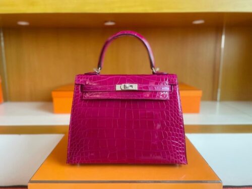 H Factory Bags Kelly Shiny Alligator Crocodile J5 deep purple pink Silver Hardware 25cm Full Handmade