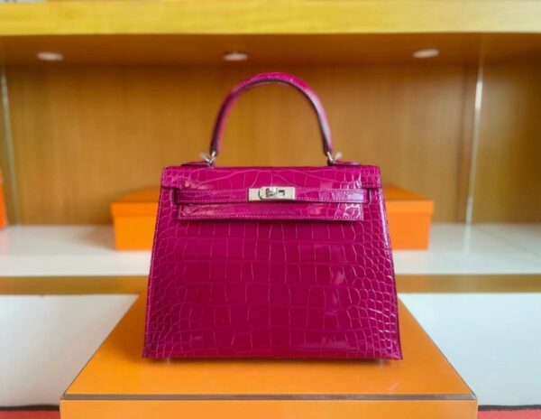 H Factory Bags Kelly Shiny Alligator Crocodile J5 deep purple pink Silver Hardware 25cm Full Handmade