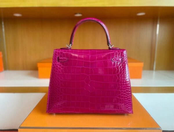 H Factory Bags Kelly Shiny Alligator Crocodile J5 deep purple pink Silver Hardware 25cm Full Handmade