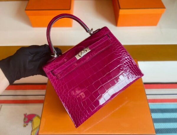 H Factory Bags Kelly Shiny Alligator Crocodile J5 deep purple pink Silver Hardware 25cm Full Handmade