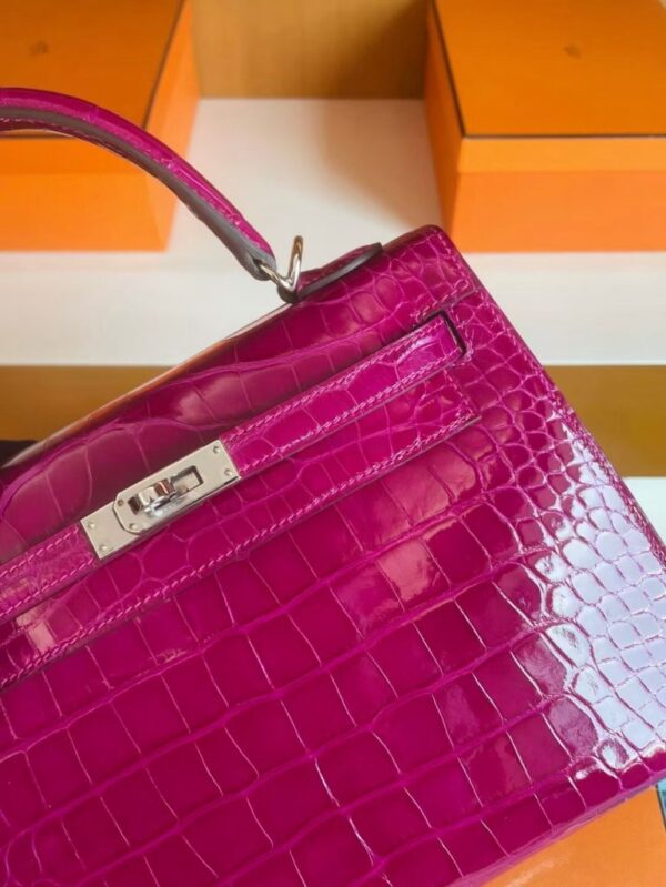 H Factory Bags Kelly Shiny Alligator Crocodile J5 deep purple pink Silver Hardware 25cm Full Handmade