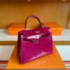 H Factory Bags Kelly Shiny Alligator Crocodile J5 deep purple pink Silver Hardware 25cm Full Handmade