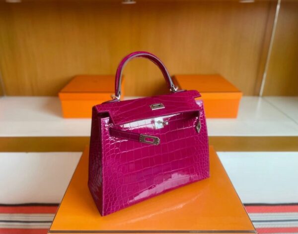 H Factory Bags Kelly Shiny Alligator Crocodile J5 deep purple pink Silver Hardware 25cm Full Handmade