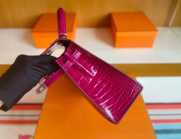 H Factory Bags Kelly Shiny Alligator Crocodile J5 deep purple pink Silver Hardware 25cm Full Handmade