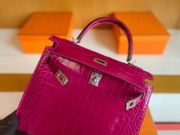 H Factory Bags Kelly Shiny Alligator Crocodile J5 deep purple pink Silver Hardware 25cm Full Handmade