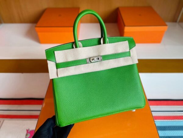 H Factory Bags Birkin Togo Leather A8 bright green Silver Hardware 25cm Full Handmade