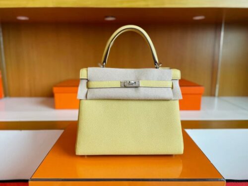 H Factory Bags Kelly Togo Leather light yellow Silver Hardware 25cm Full Handmade