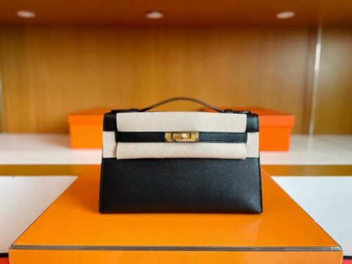 H Factory Bags Mini Kelly Pochette Epsom Leather Black Gold Hardware 22cm Full Handmade