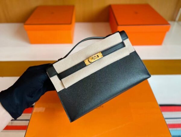 H Factory Bags Mini Kelly Pochette Epsom Leather Black Gold Hardware 22cm Full Handmade