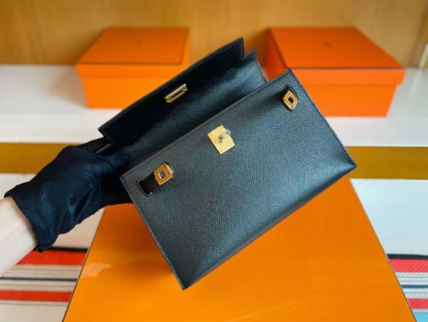 H Factory Bags Mini Kelly Pochette Epsom Leather Black Gold Hardware 22cm Full Handmade