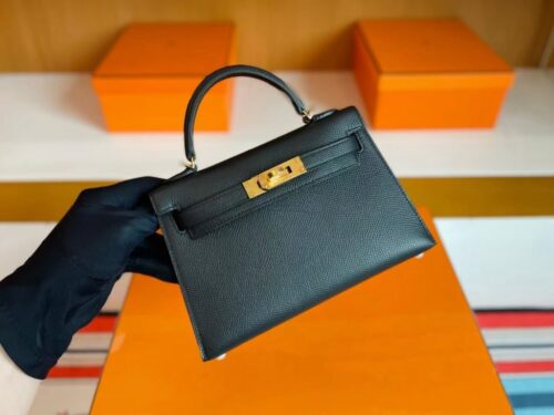 H Factory Bags Mini Kelly Epsom Leather Black Gold Hardware 19cm Full Handmade
