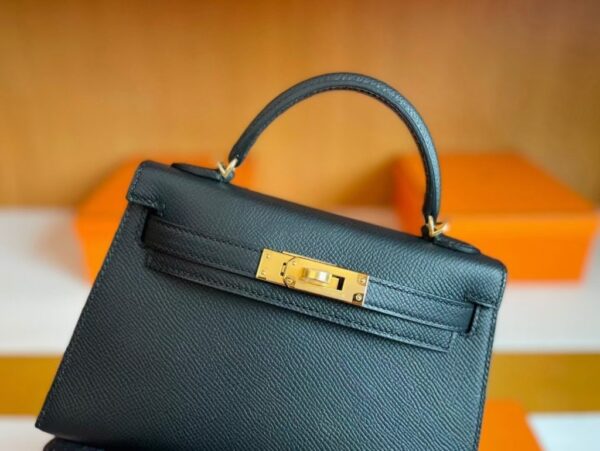H Factory Bags Mini Kelly Epsom Leather Black Gold Hardware 19cm Full Handmade