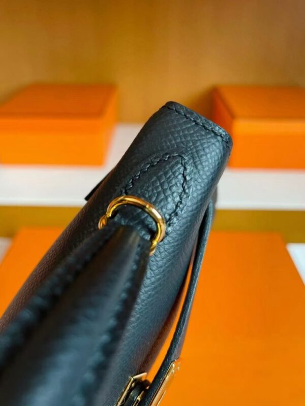 H Factory Bags Mini Kelly Epsom Leather Black Gold Hardware 19cm Full Handmade