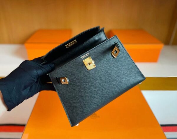 H Factory Bags Mini Kelly Epsom Leather Black Gold Hardware 19cm Full Handmade