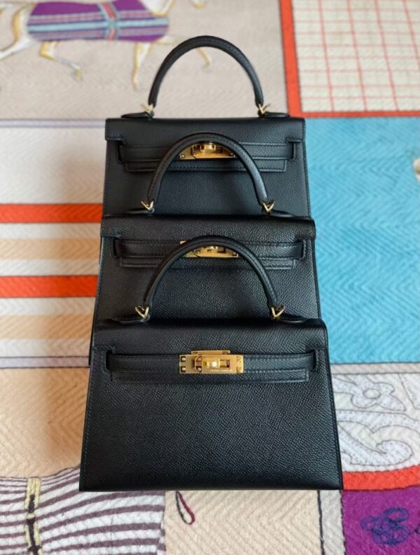 H Factory Bags Mini Kelly Epsom Leather Black Gold Hardware 19cm Full Handmade