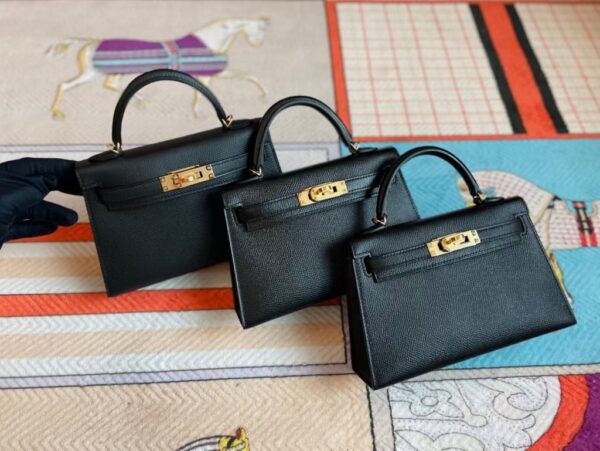 H Factory Bags Mini Kelly Epsom Leather Black Gold Hardware 19cm Full Handmade