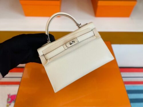 H Factory Bags Mini Kelly Epsom Leather Cream White Silver Hardware 19cm Full Handmade