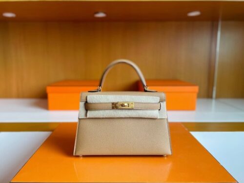 H Factory Bags Mini Kelly Epsom Leather Tea Kahki Gold Hardware 19cm Full Handmade