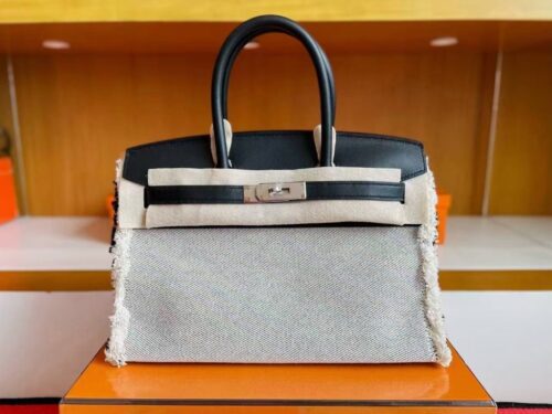H Factory Bags Birkin fray Swift & Canvas Black Silver Hardware 35cm Full Handmade