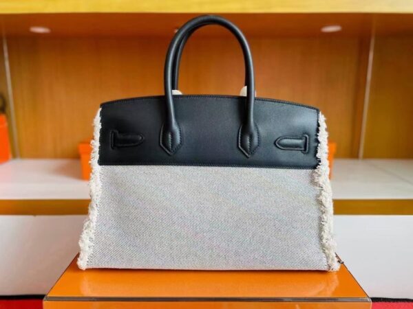 H Factory Bags Birkin fray Swift & Canvas Black Silver Hardware 35cm Full Handmade