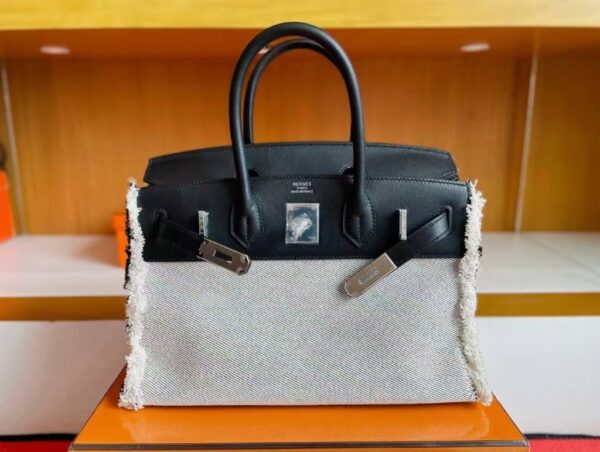 H Factory Bags Birkin fray Swift & Canvas Black Silver Hardware 35cm Full Handmade