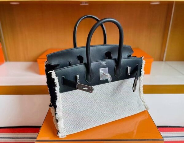 H Factory Bags Birkin fray Swift & Canvas Black Silver Hardware 35cm Full Handmade