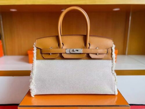 H Factory Bags Birkin fray Swift & Canvas Gold Brown Silver Hardware 35cm Full Handmade